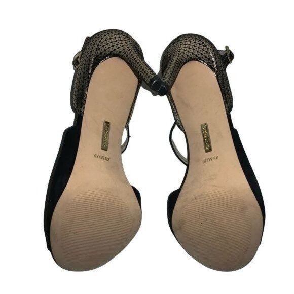 Louise Et Cie Black & Gold Ankle Strap Heels 3.5" Stiletto Open Toe Womens Size - Picture 5 of 6